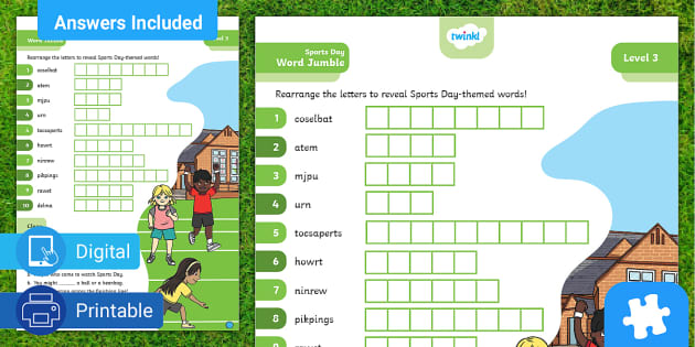 Sports Day Themed Fun Word Jumble Puzzle - L3 - Kids