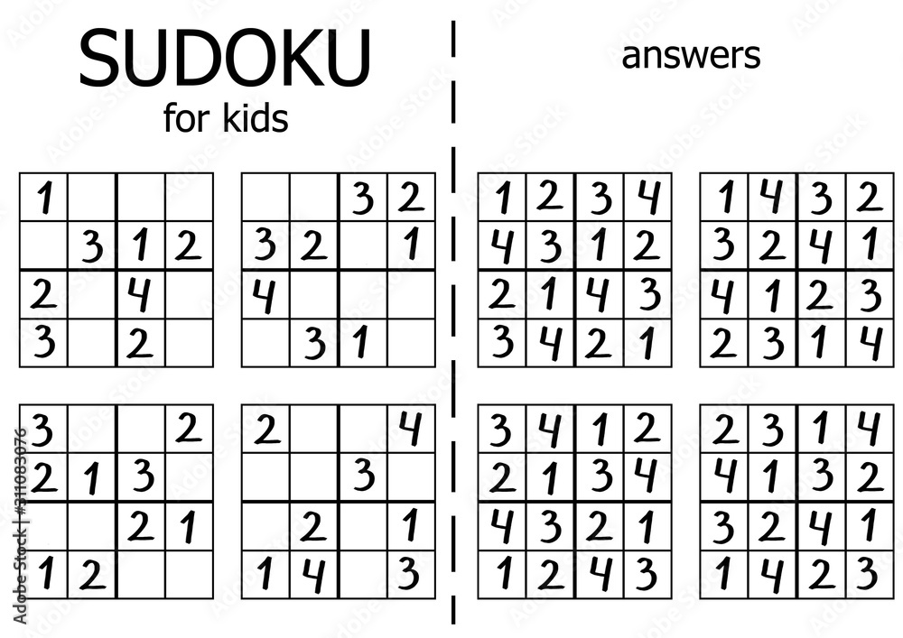 Set of 10 simple sudoku puzzles for beginners. Kids activity work ...