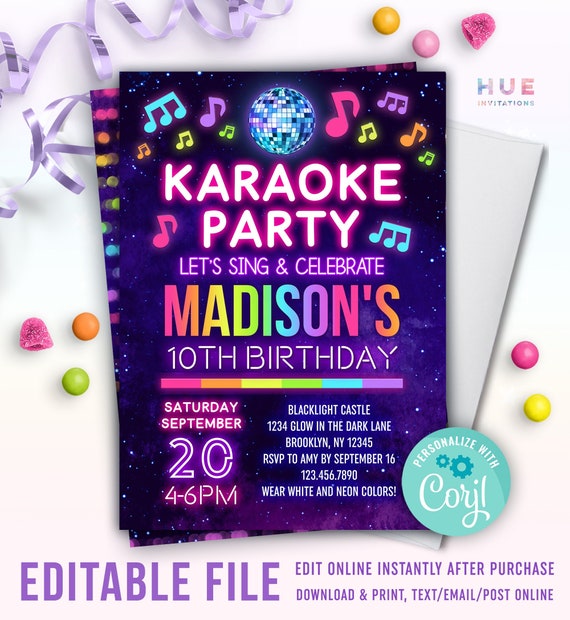 Glow Karaoke Party Birthday Invitation Instant Download Bright ...