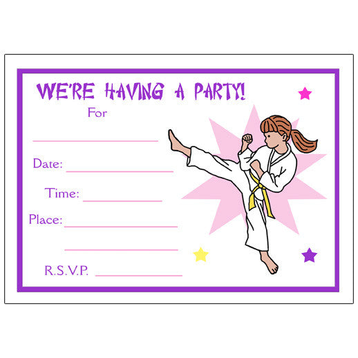 Karate or Martial Arts Girl Fill in the blank invitations - Kick ...