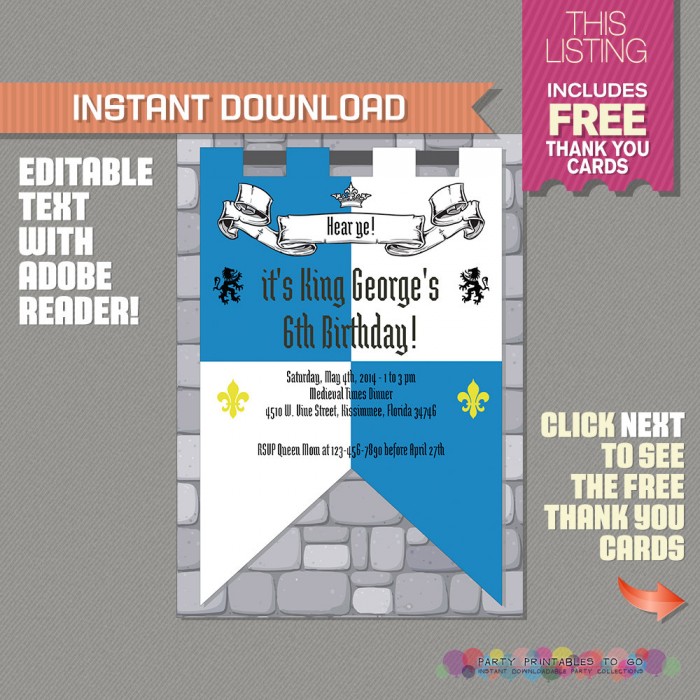 Medieval Knights Party Invitation with FREE Thank you Card