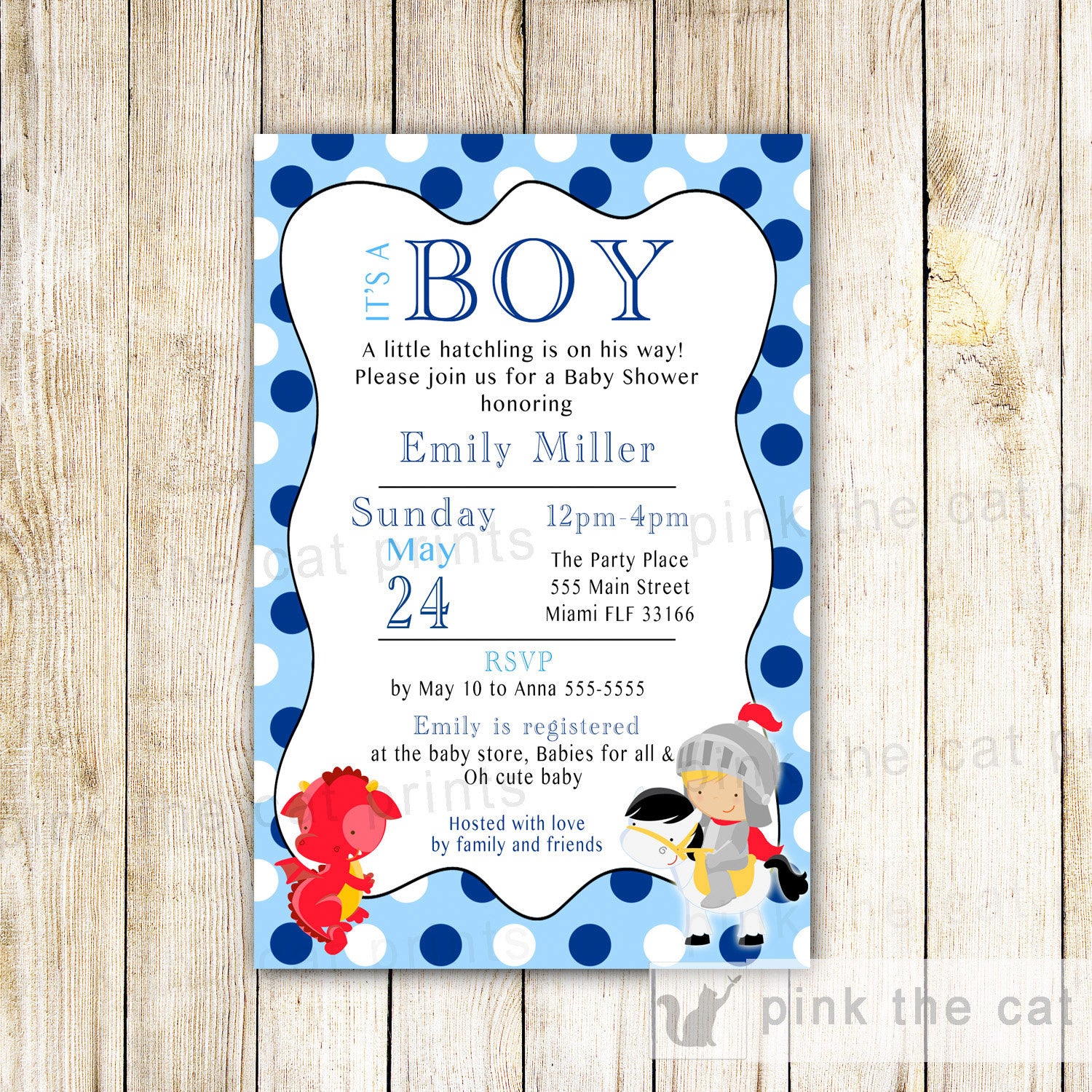 Dragon Knight Invitation Baby Boy Shower Red Blue - Pink the Cat