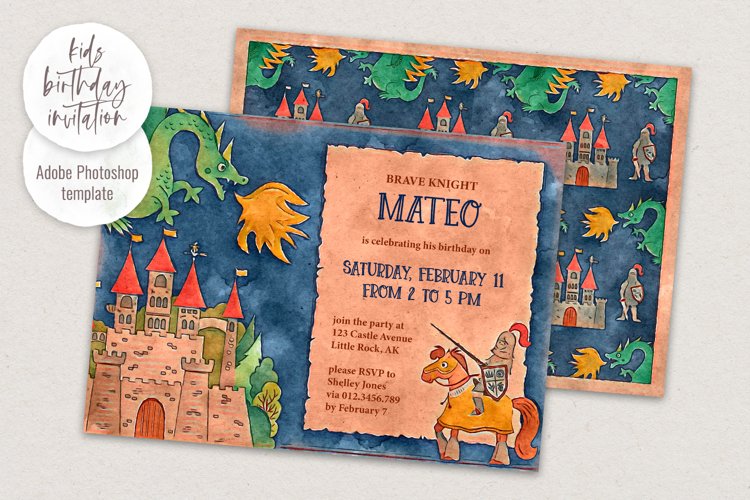 Kids Birthday Invitation - Knight &  Dragon - PSD Template
