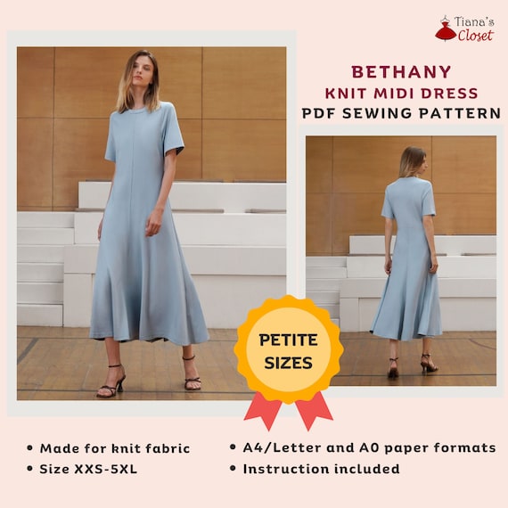 PETITE SIZE PDF Sewing Pattern Bethany Knit Midi Dress Printable ...