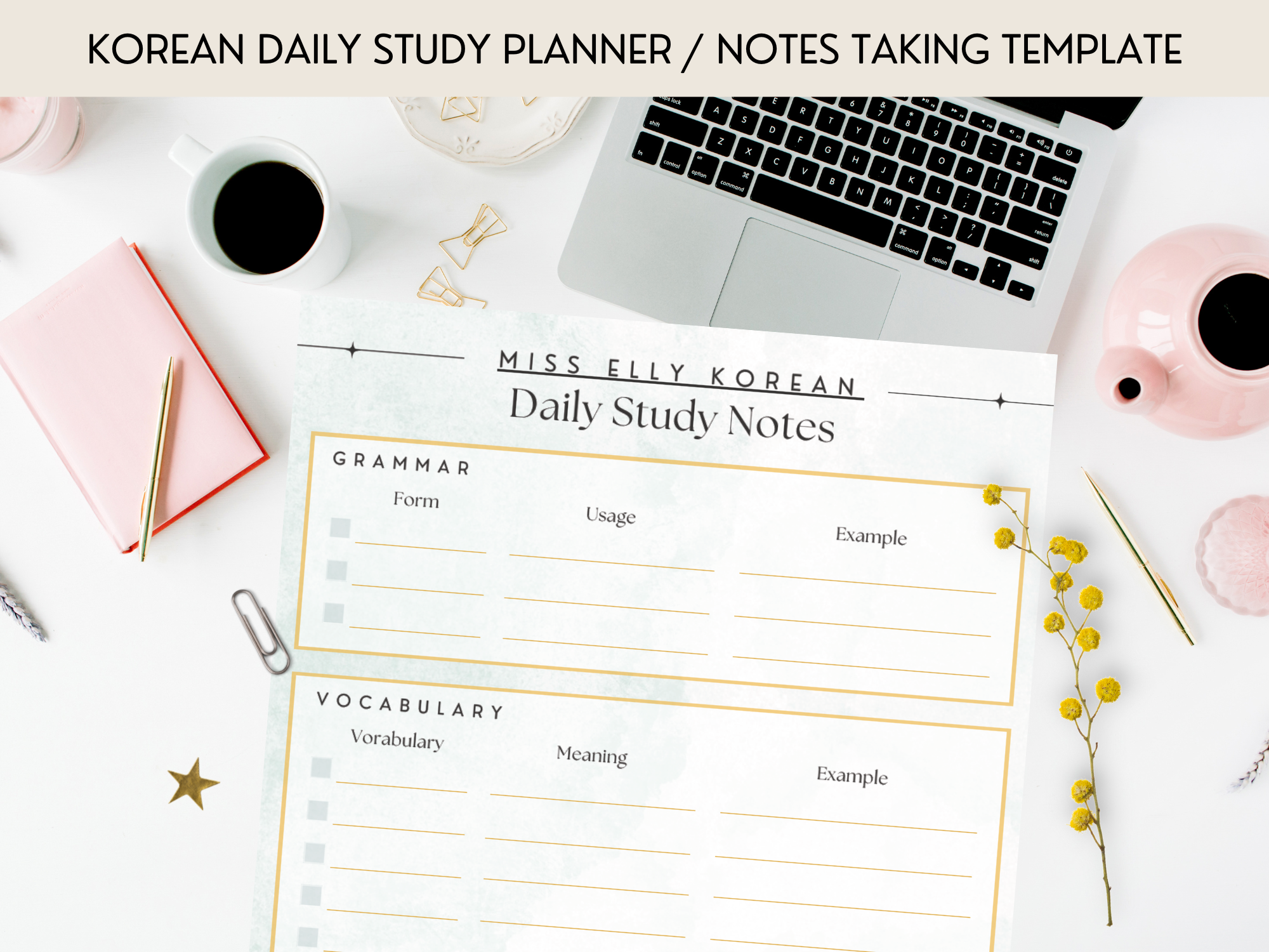 Korean daily study planner notes taking template PDF