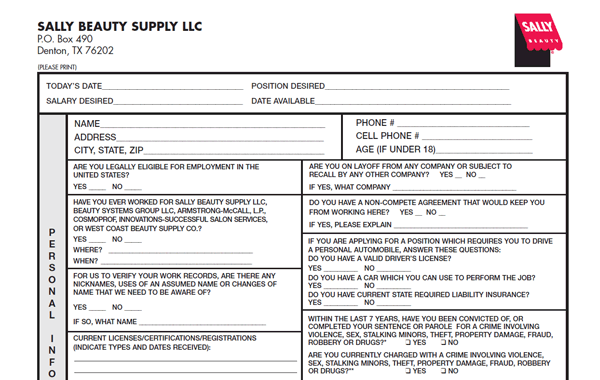 Sally Beauty Supply Application PDF Print Out