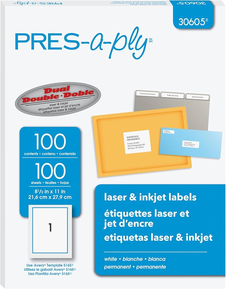 Pres-A-Ply Full Sheet Printable Labels, White, Box of 100 (30605 ...