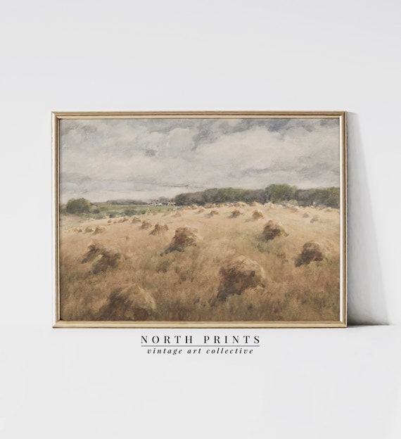 Vintage Hay Field Farmhouse Painting Tonal Autumn Landscape Art ...