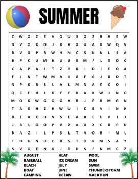 Summer Word Search, Printable Puzzle PDF, Large Print