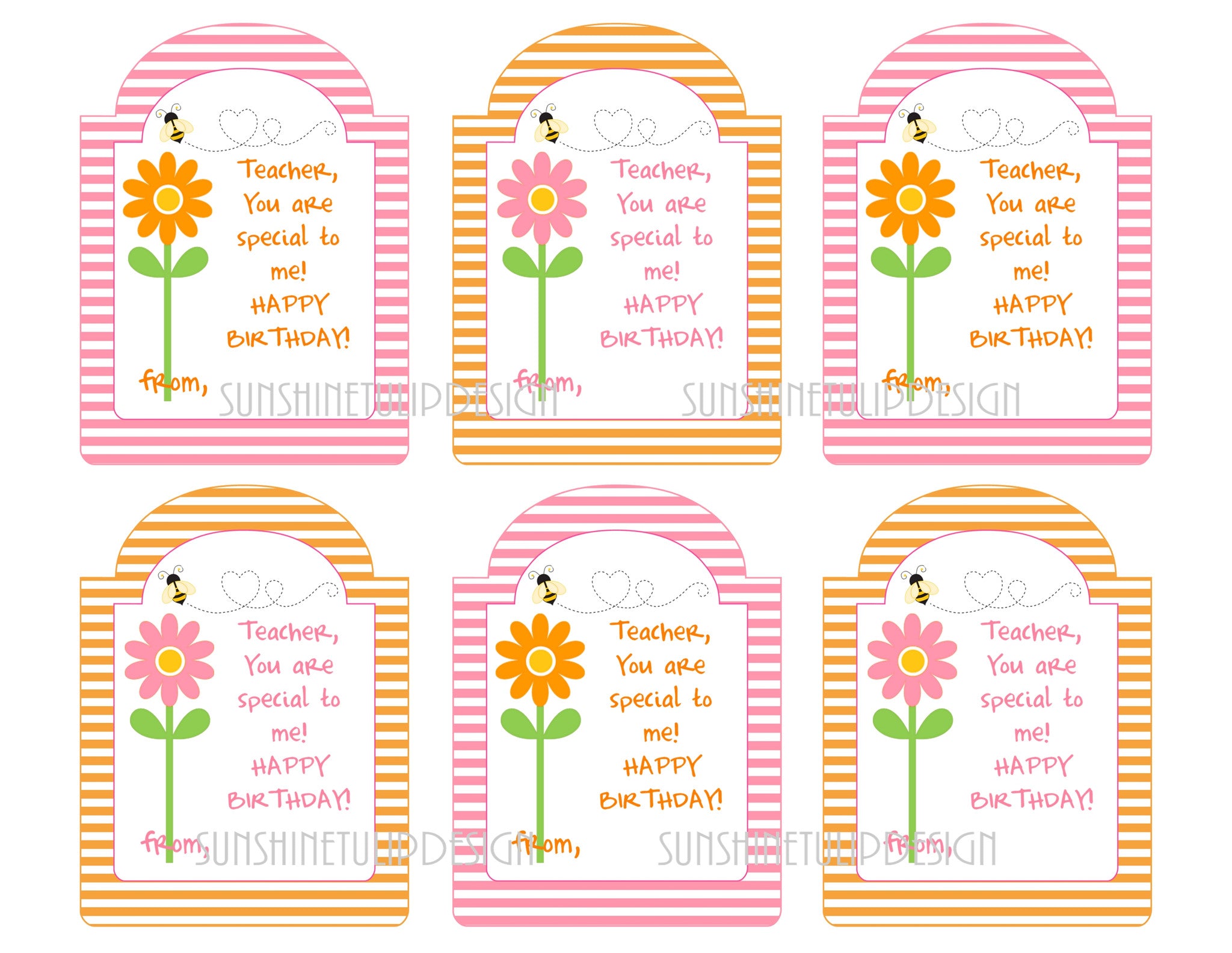 Printable Teacher Birthday Gift Tags, Happy Birthday Printable Teacher Tags  by SUNSHINETULIPDESIGN