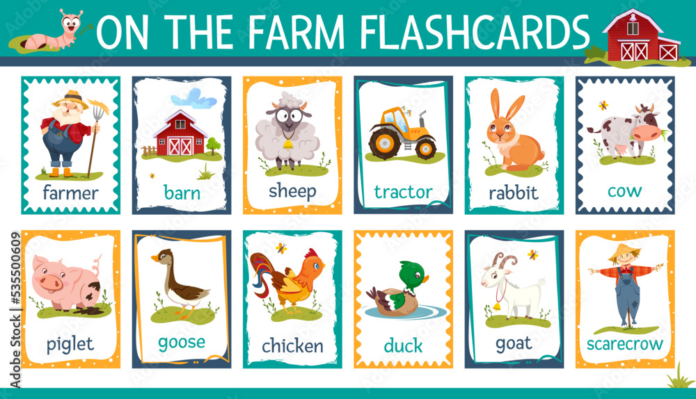 Vector printable flashcards set with cartoon farm animals. Kids ...