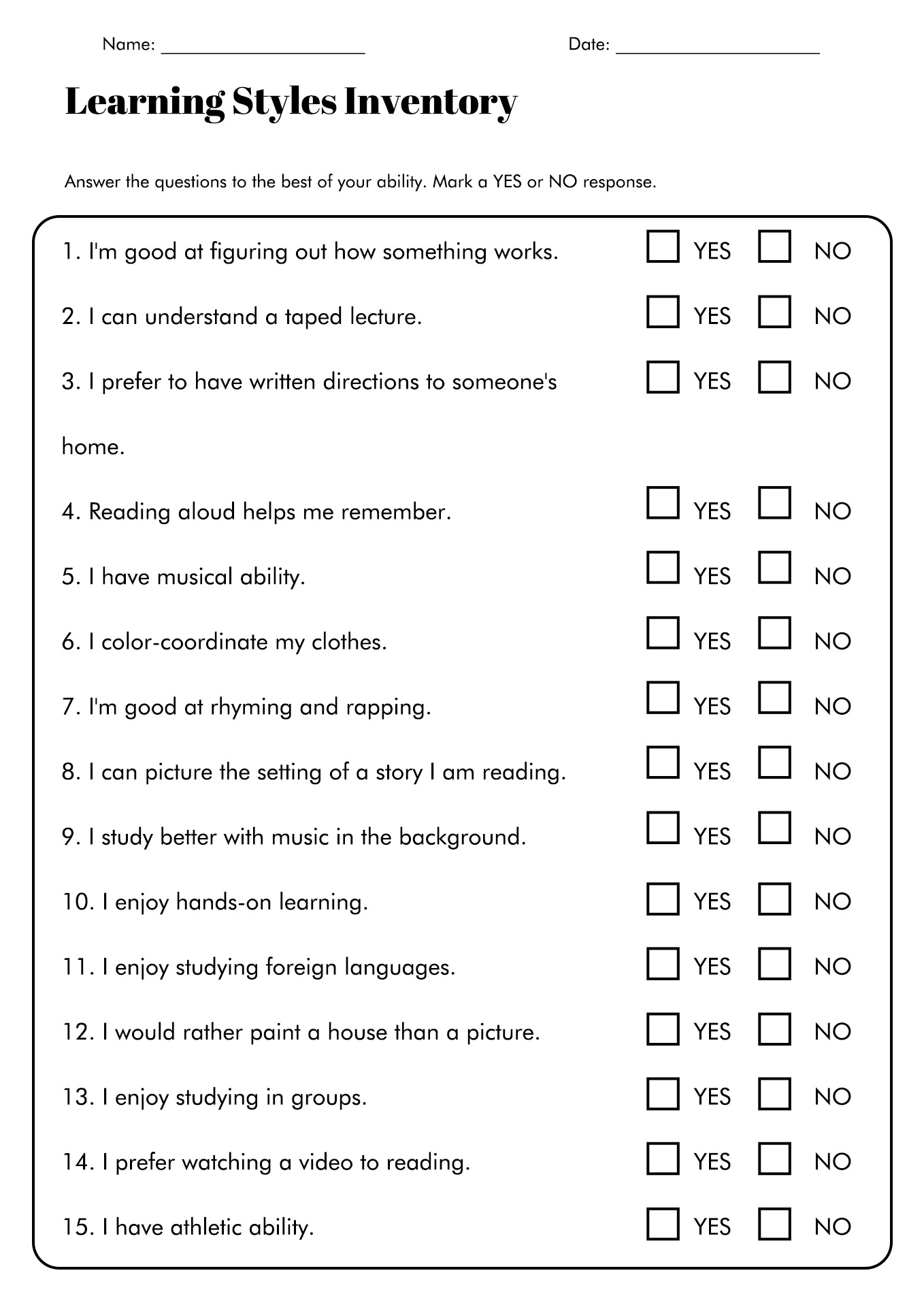 Free Learning Styles Inventory Printable Free Learning Styles Inventory Printable