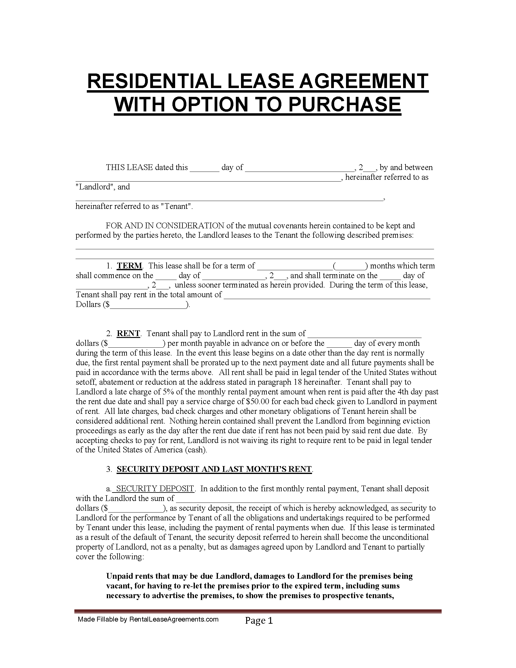 Free Florida Lease Agreement with Option to Purchase | PDF