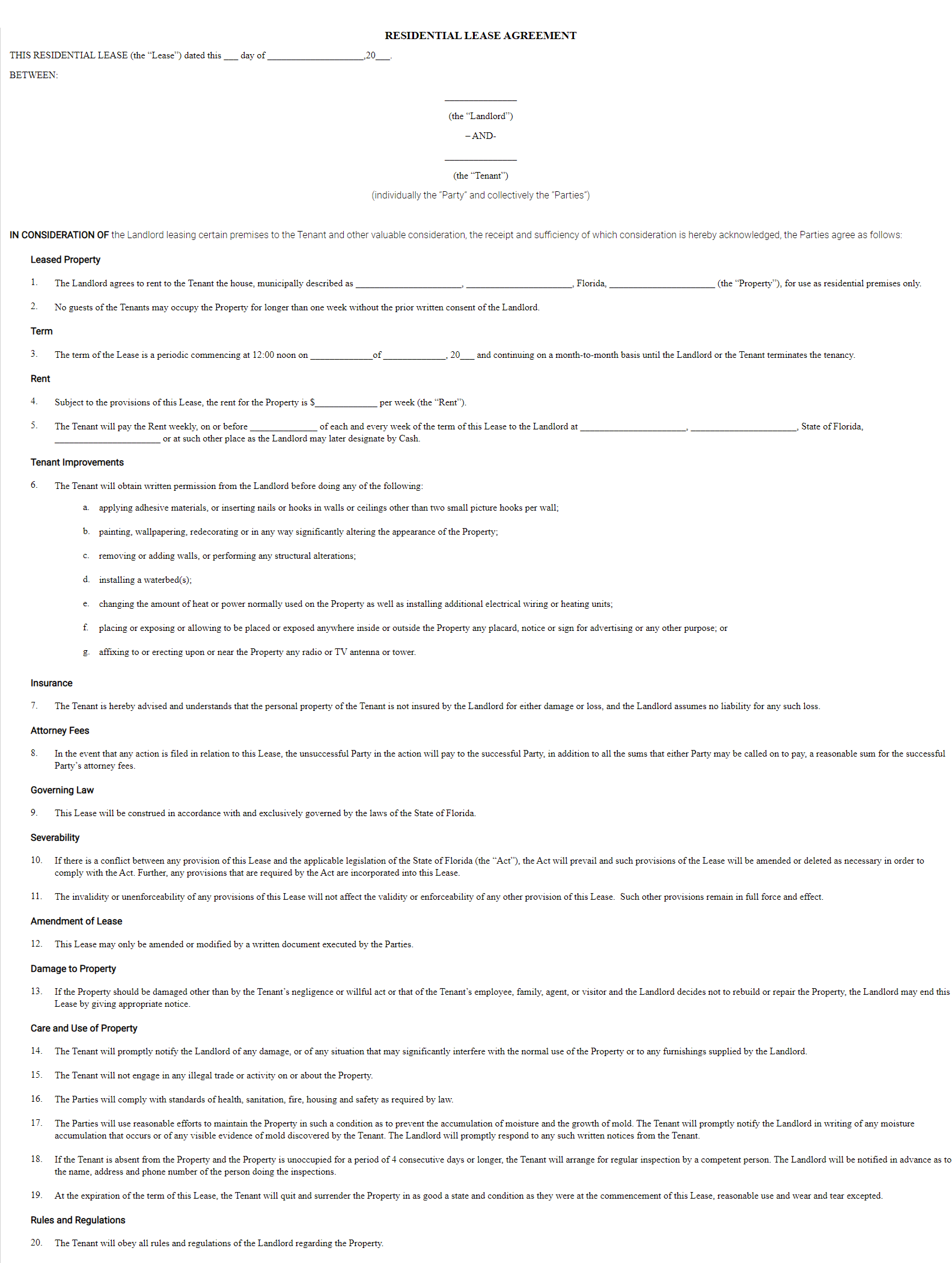 printable lease agreement florida
