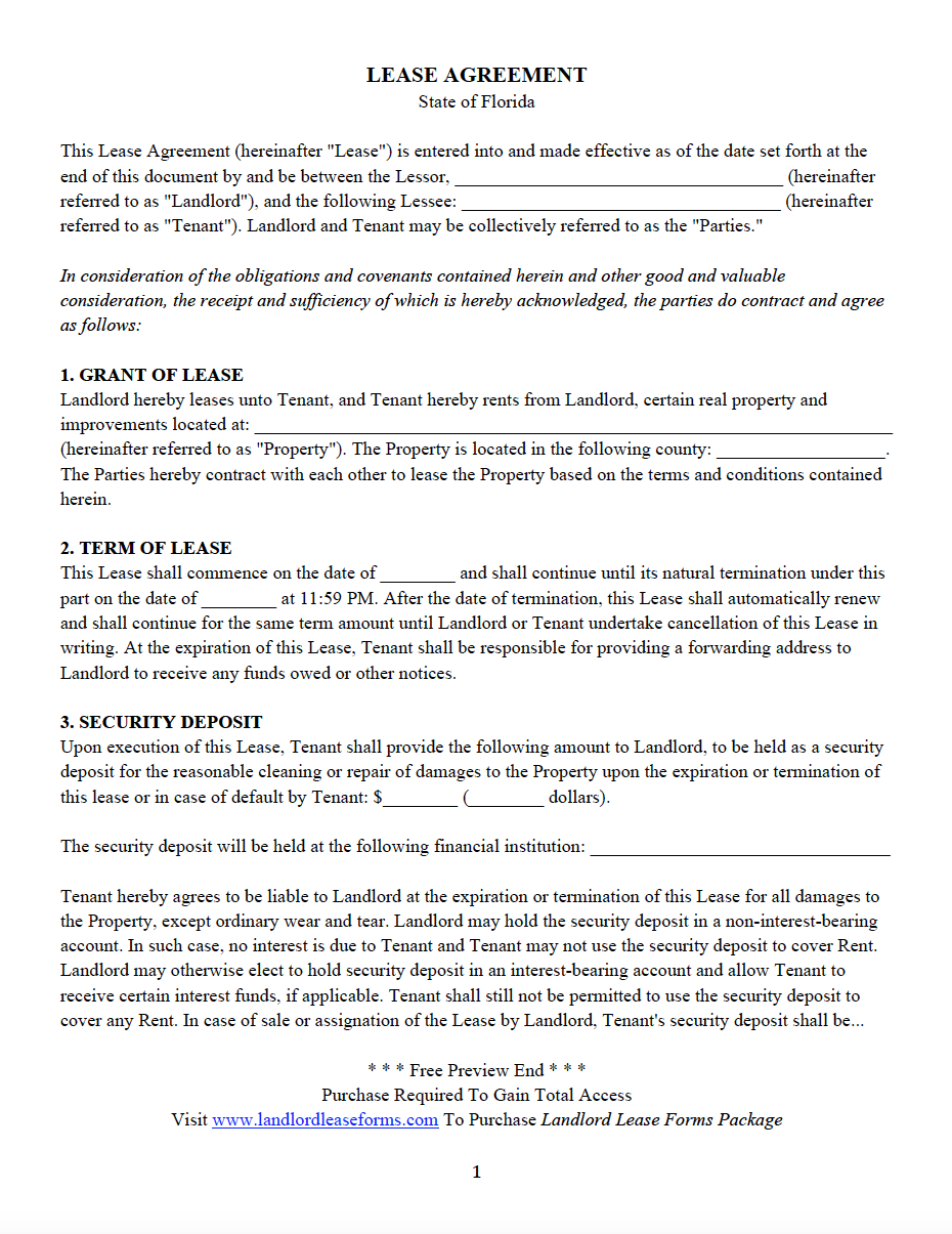 printable lease agreement florida