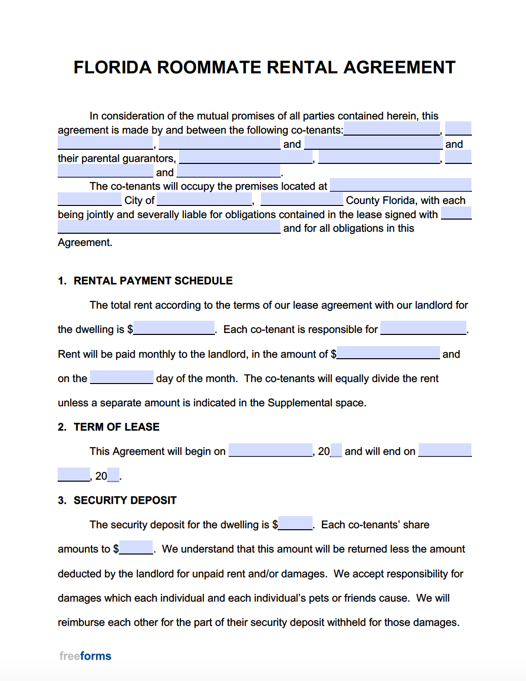 Free Florida Roommate Agreement Template | PDF | WORD