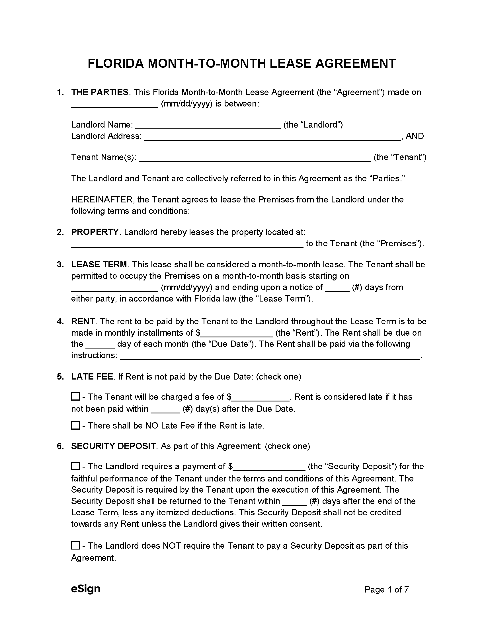 printable lease agreement florida