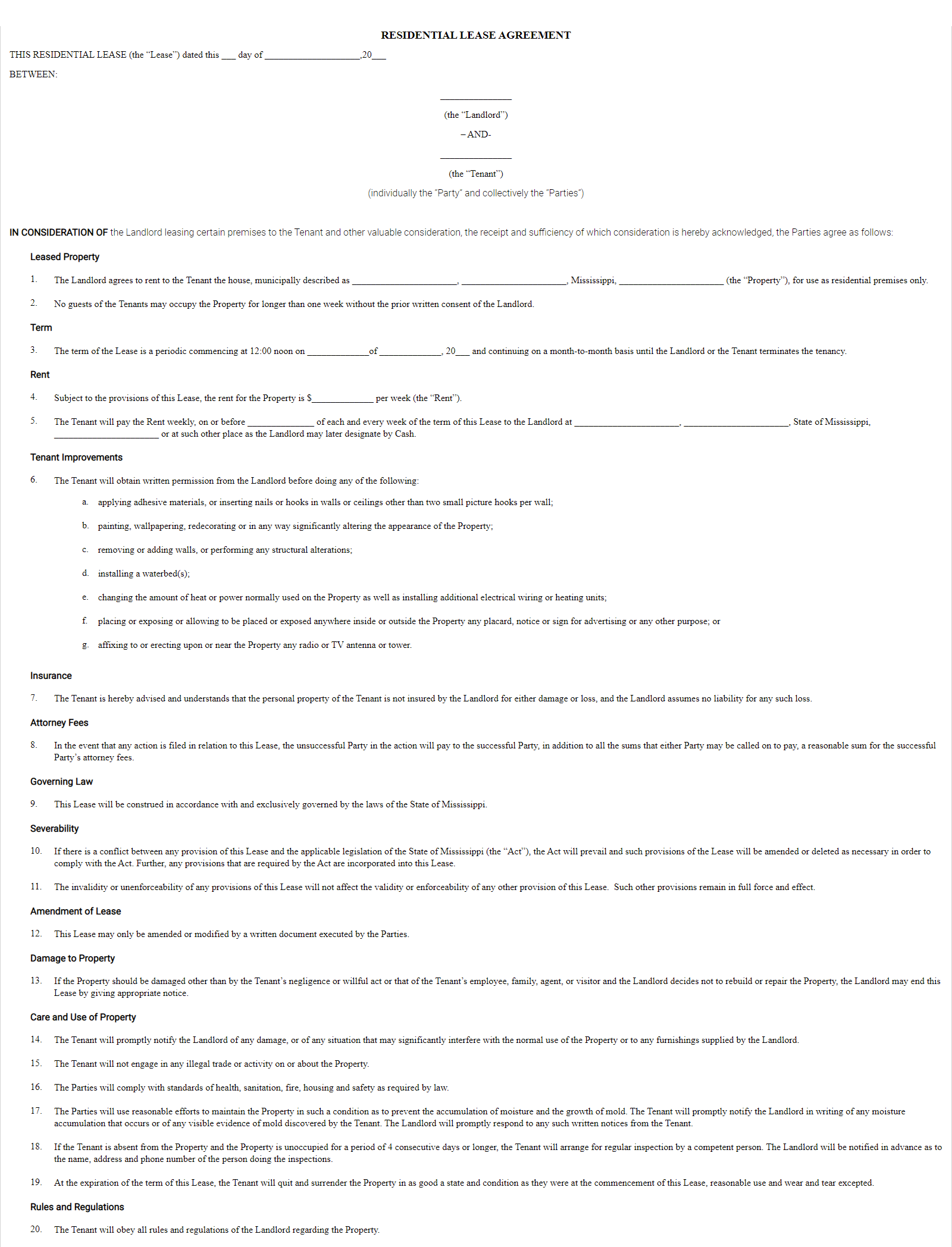 printable lease agreement mississippi