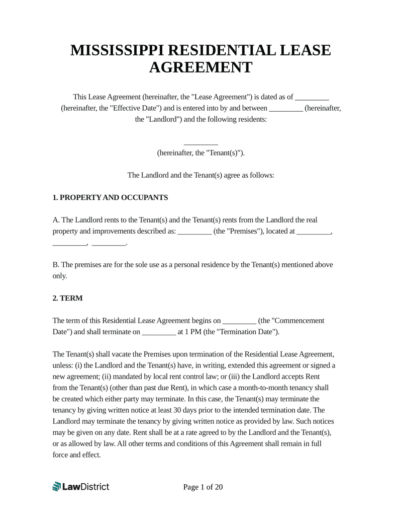 Mississippi Residential Lease Agreement Template | LawDistrict