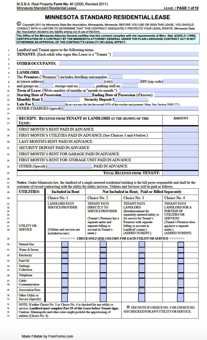 Free Minnesota Rental Lease Agreement Templates | PDF | WORD
