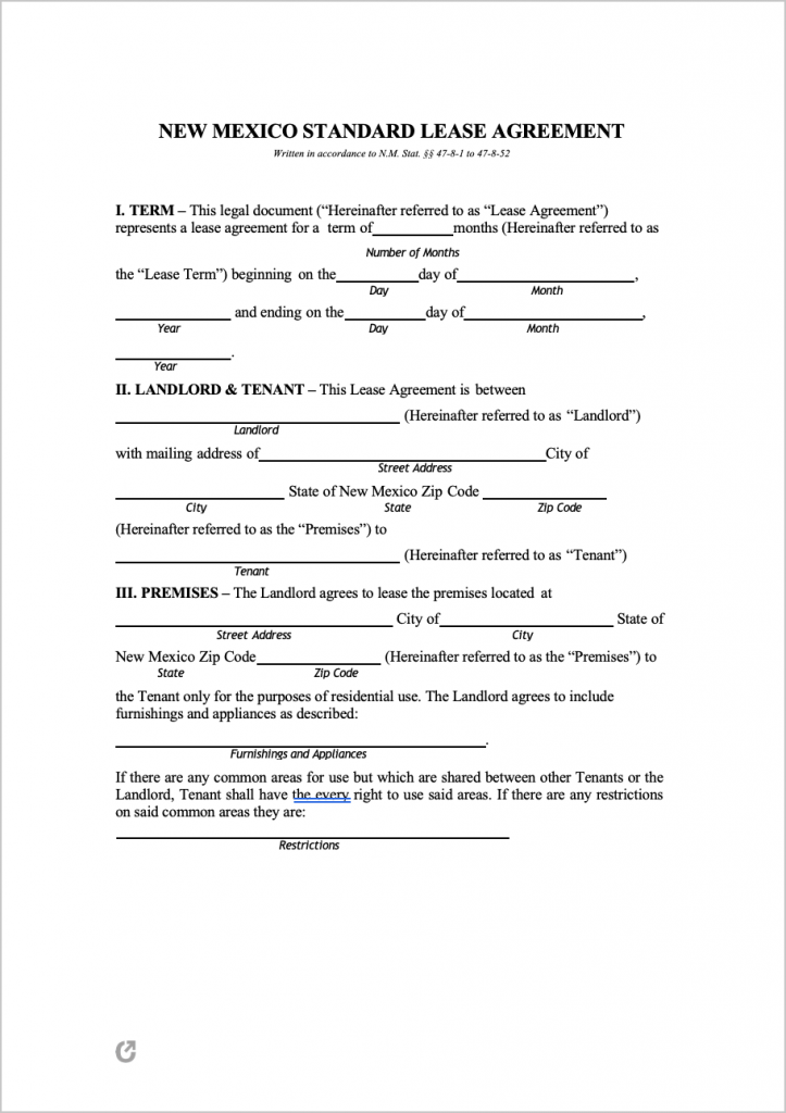 Free New Mexico Standard Residential Lease Agreement | PDF | WORD