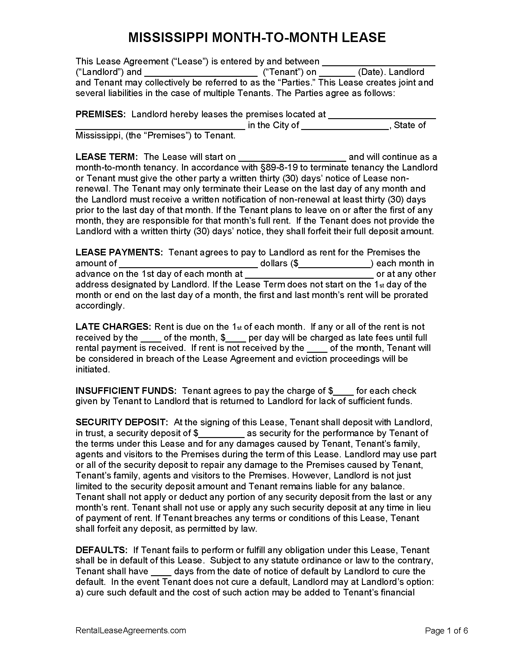 Free Mississippi Month-to-Month Rental Agreement | PDF - MS Word