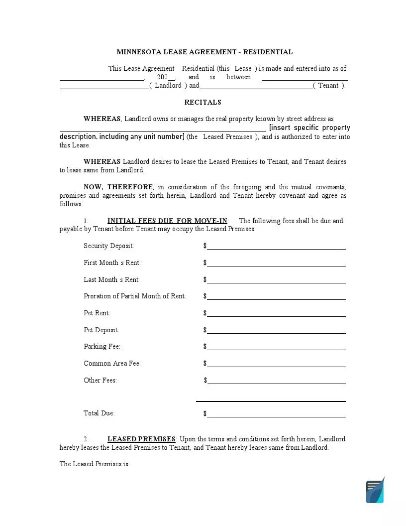 Free Minnesota Lease Agreement Forms | MN Rental Templates