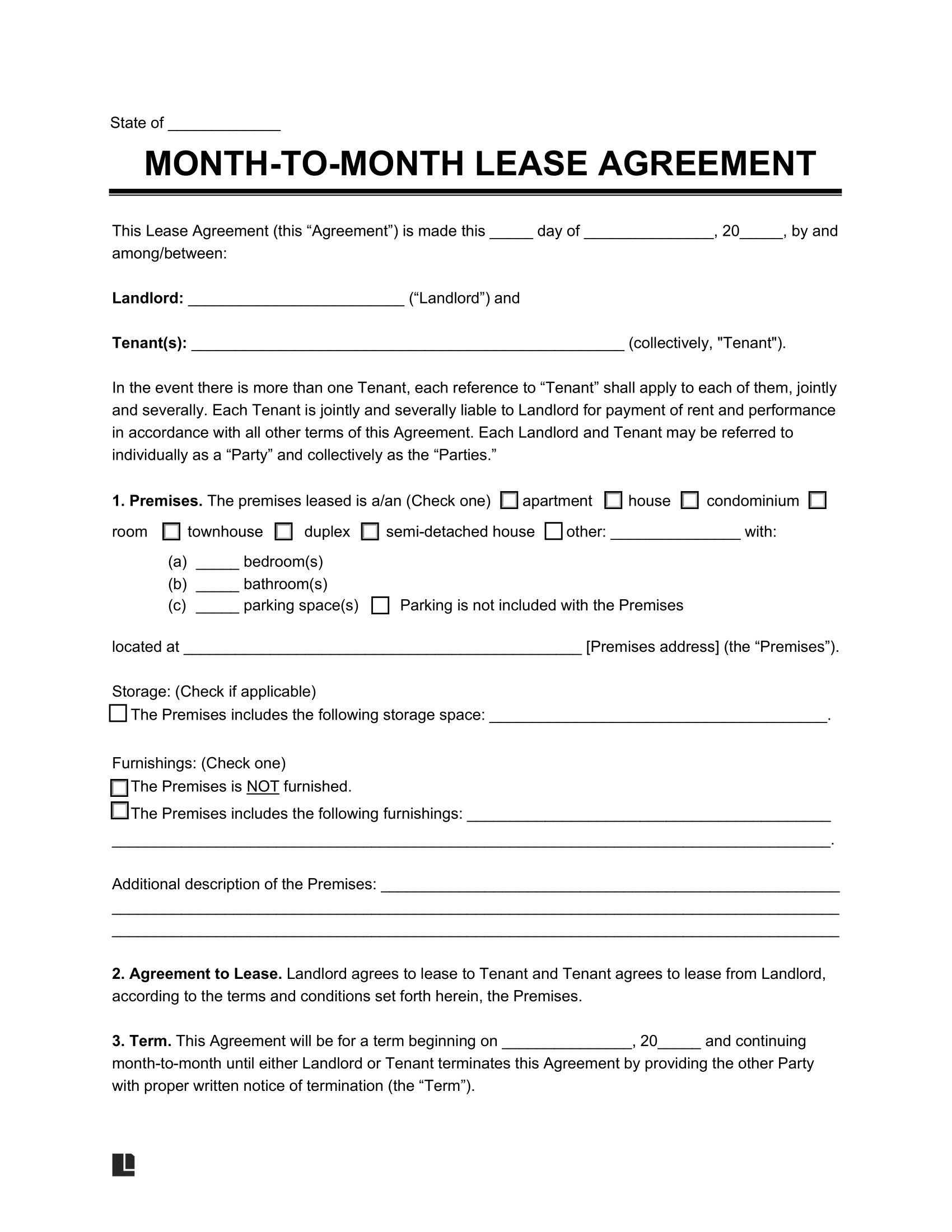 printable lease agreement month to month