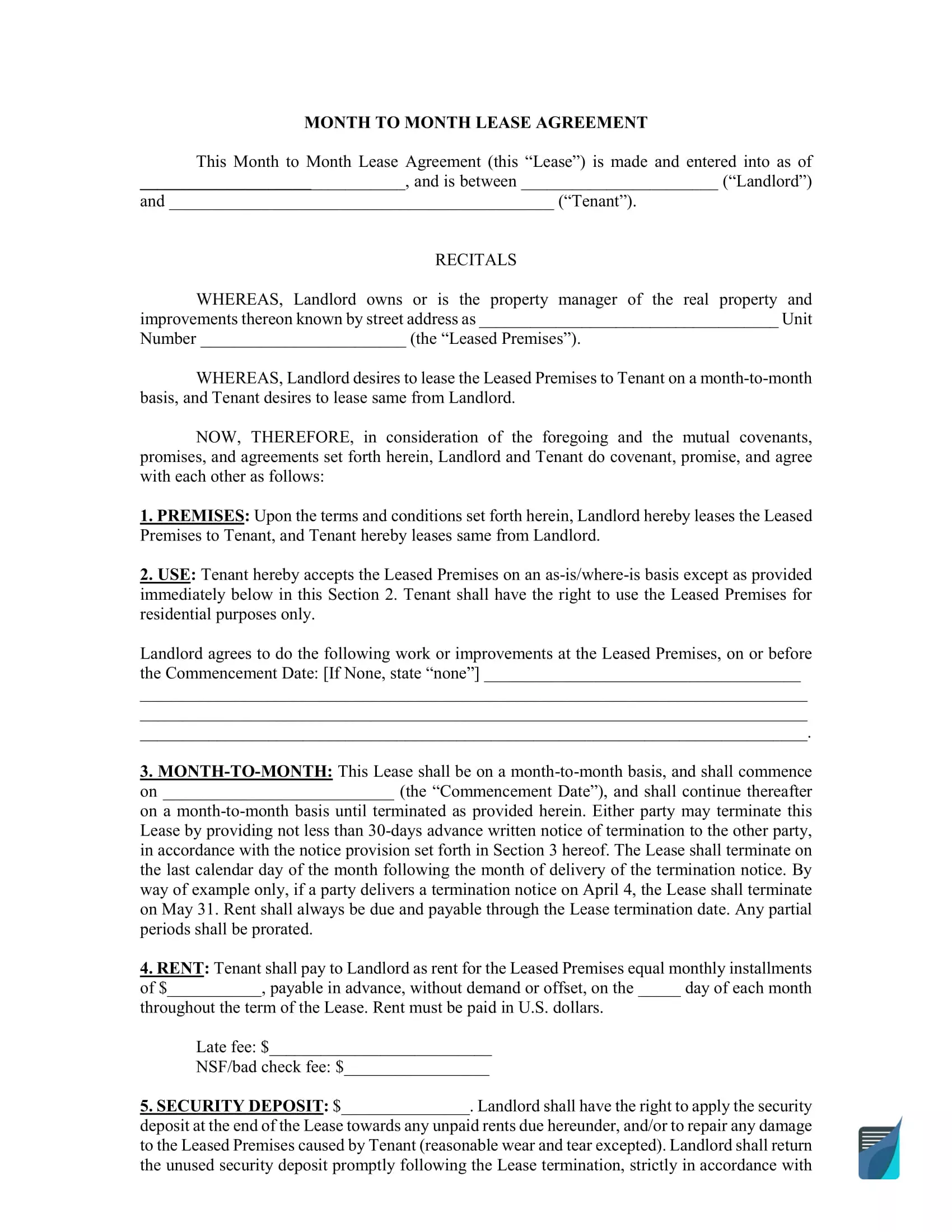 printable lease agreement month to month