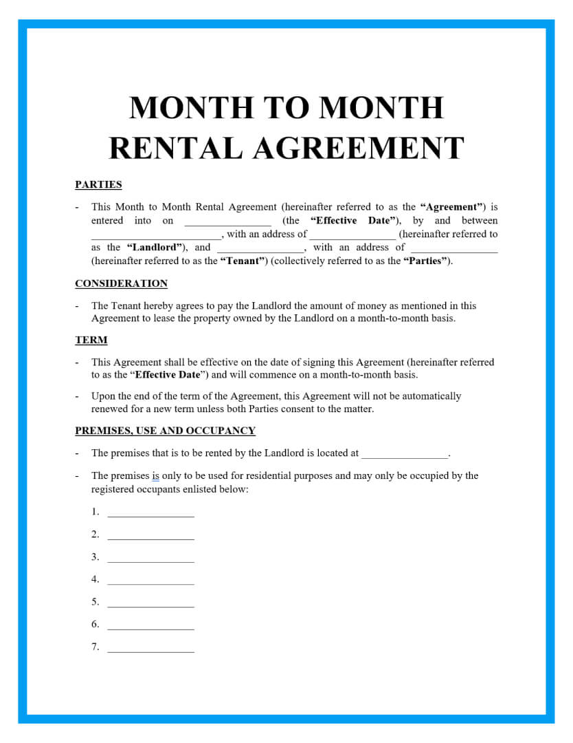 printable lease agreement month to month