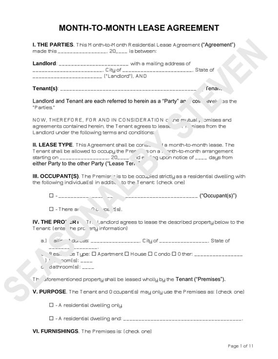 printable lease agreement month to month