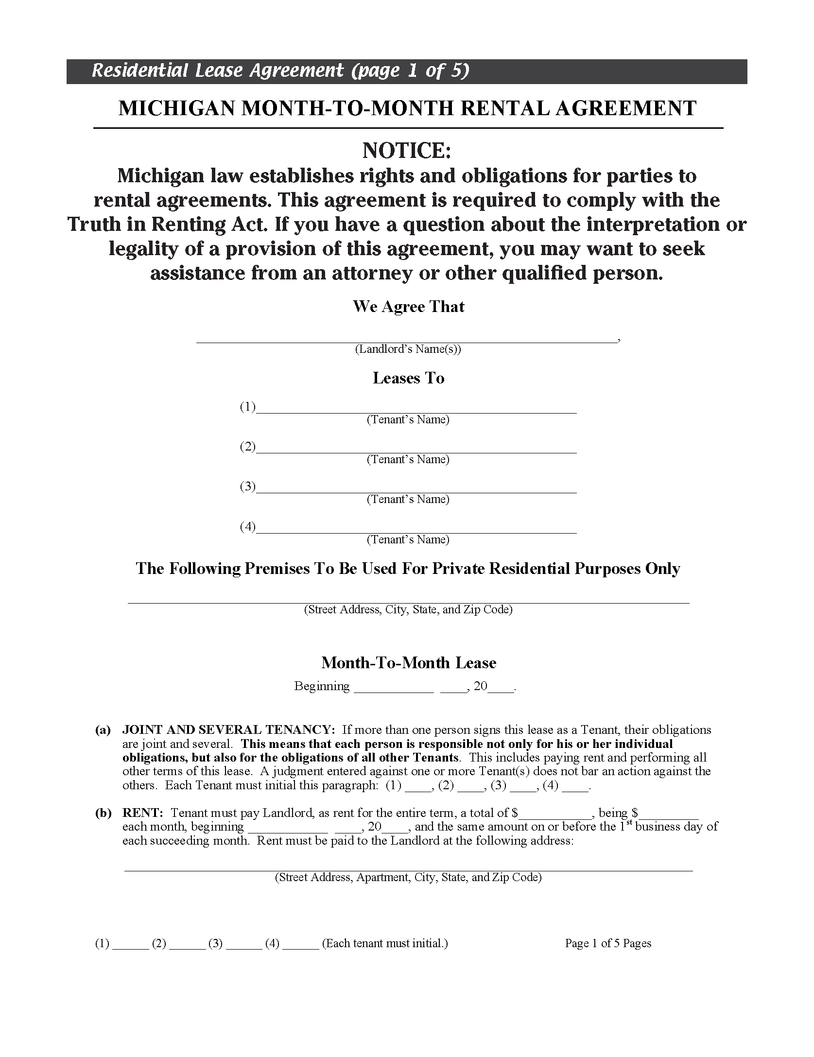 printable lease agreement month to month