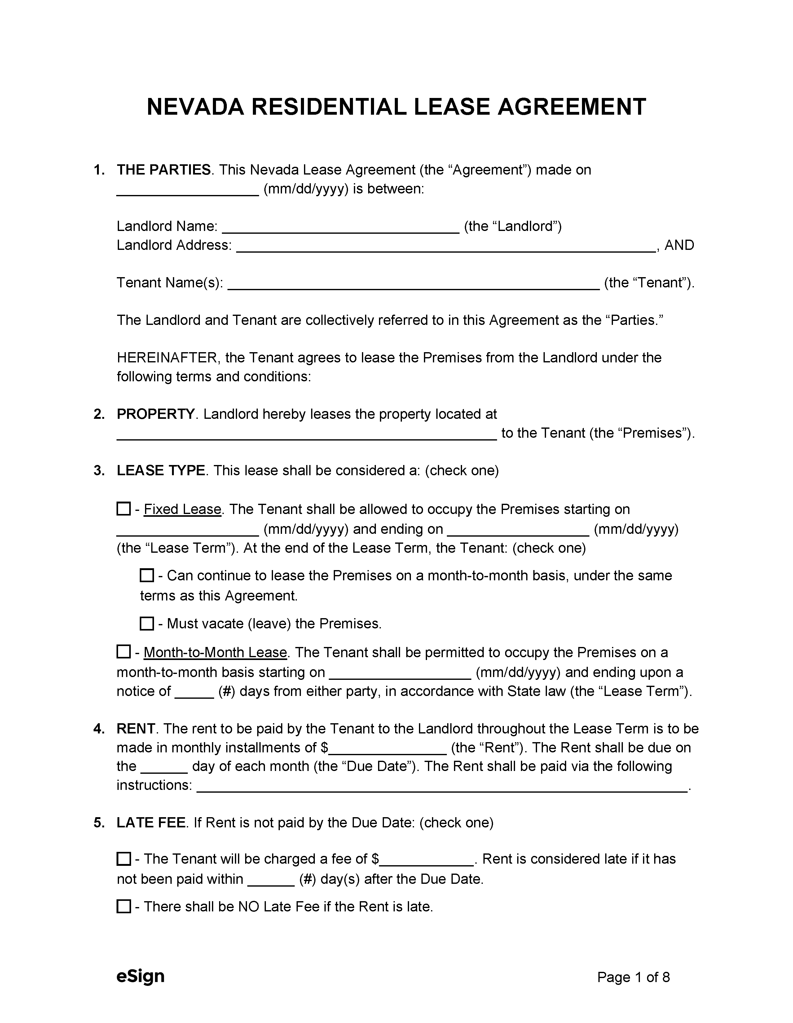 printable lease agreement nevada