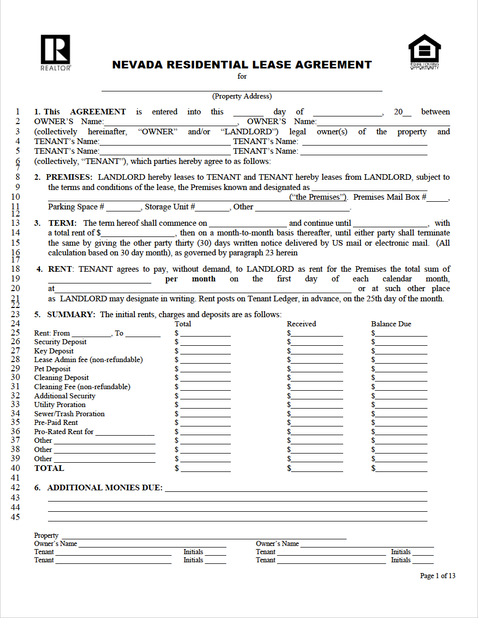 printable lease agreement nevada
