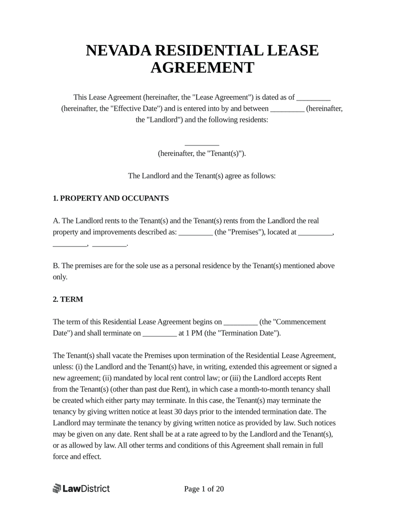printable lease agreement nevada