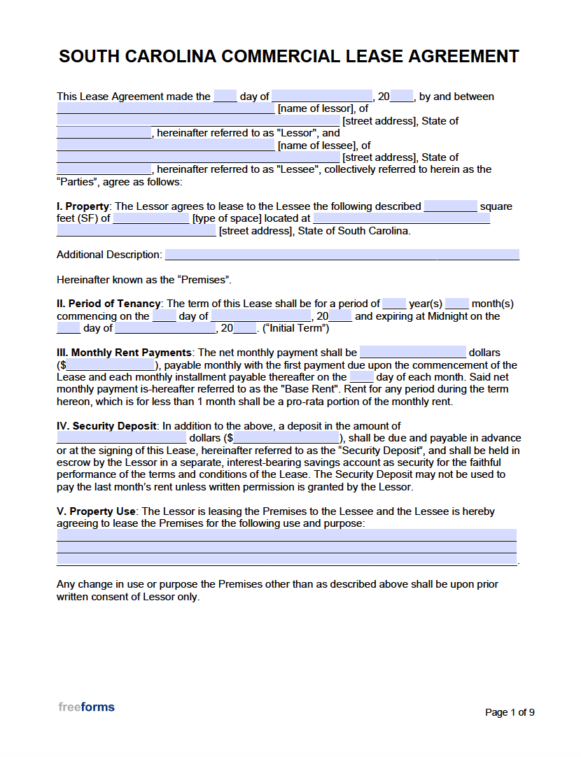 printable lease agreement sc