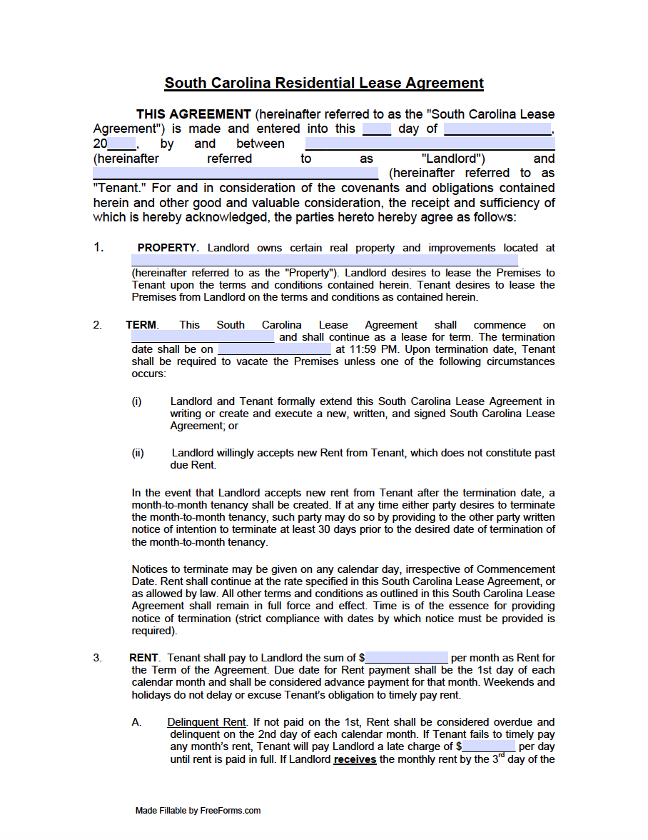 printable lease agreement sc