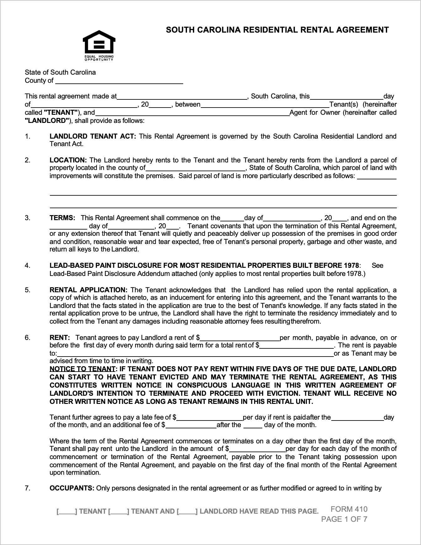 printable lease agreement sc