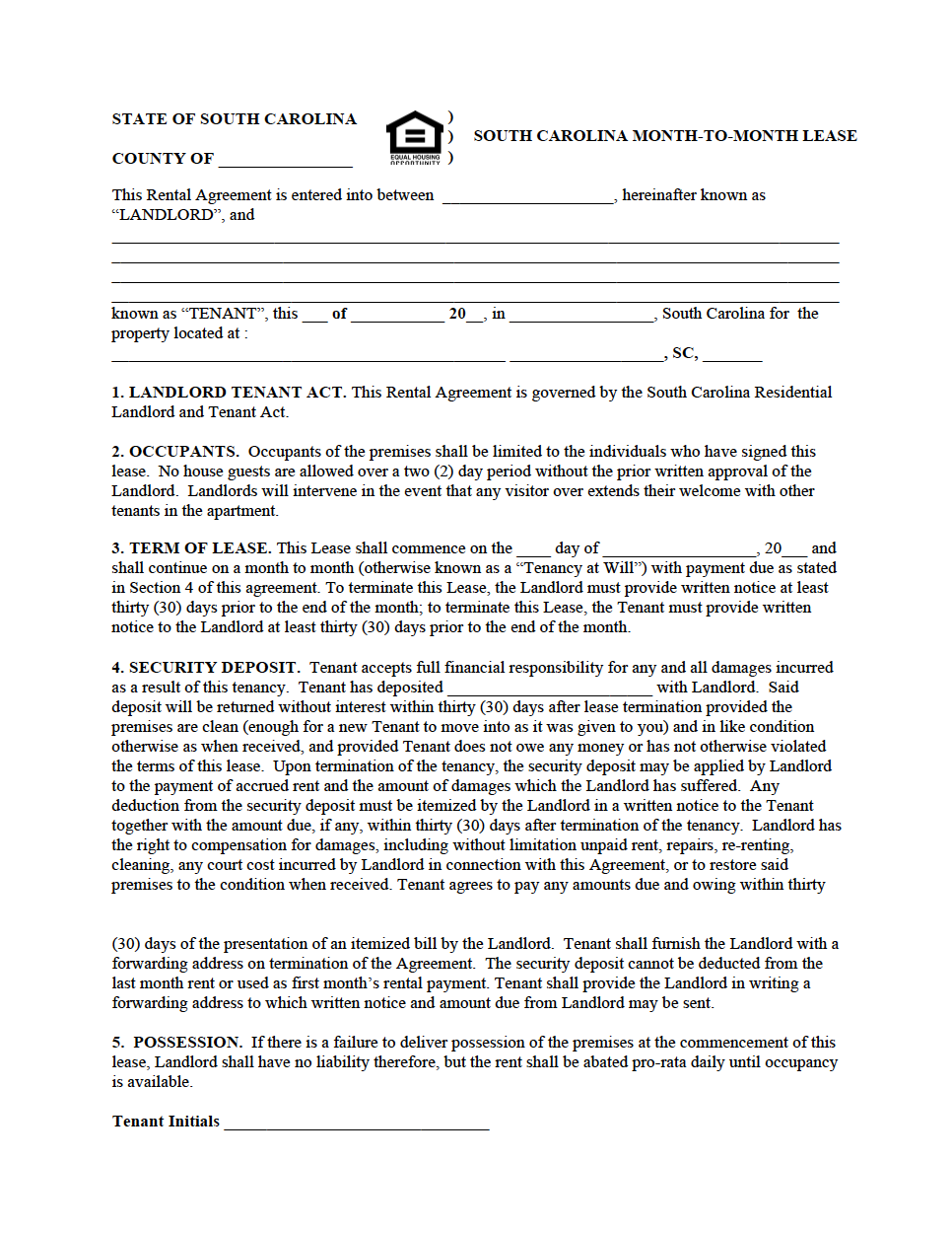 printable lease agreement sc