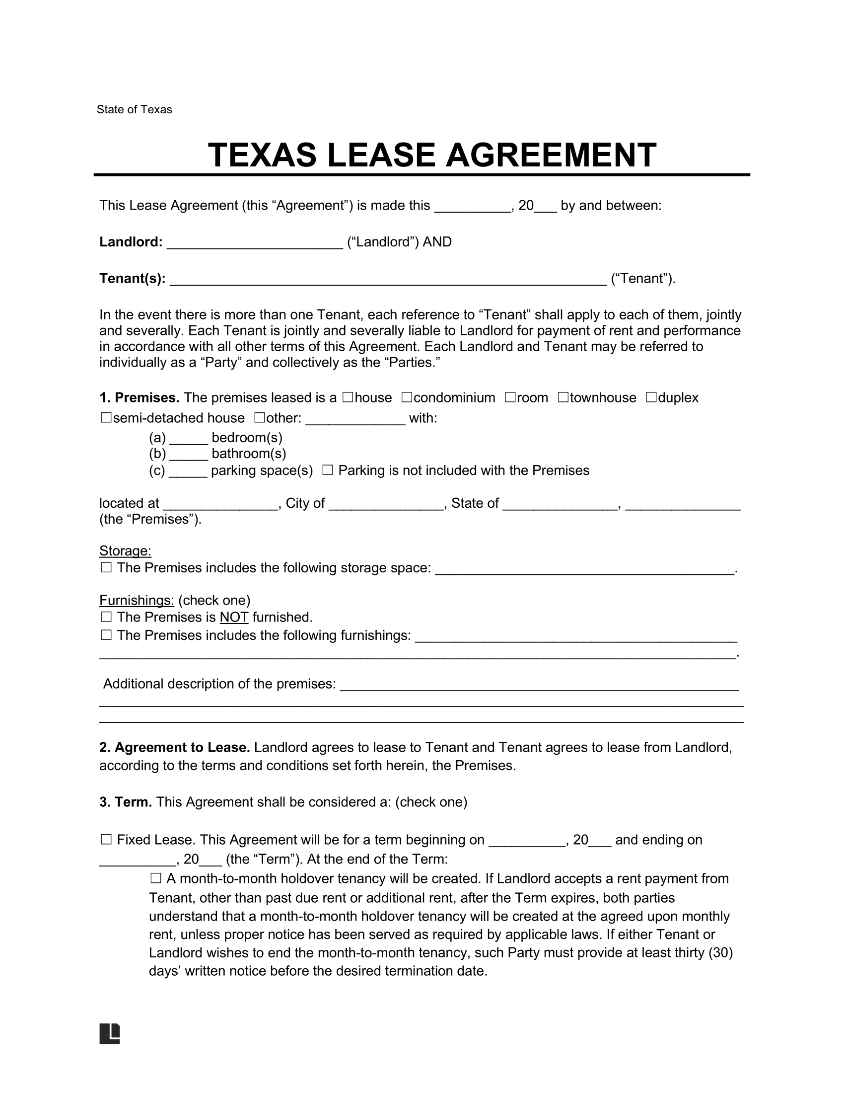 printable lease agreement texas