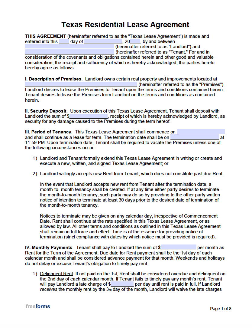 printable lease agreement texas