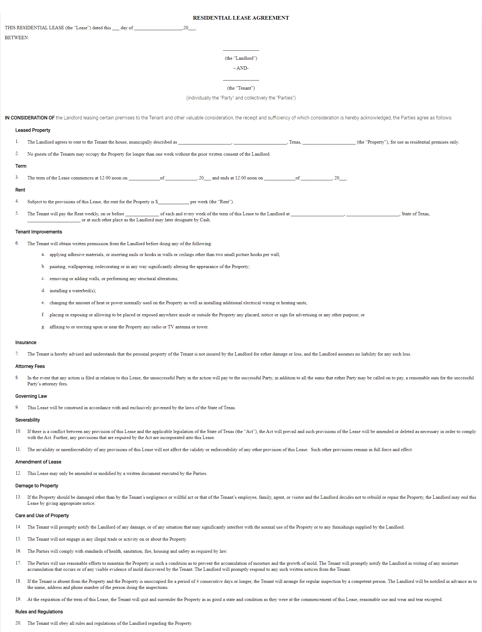 printable lease agreement texas