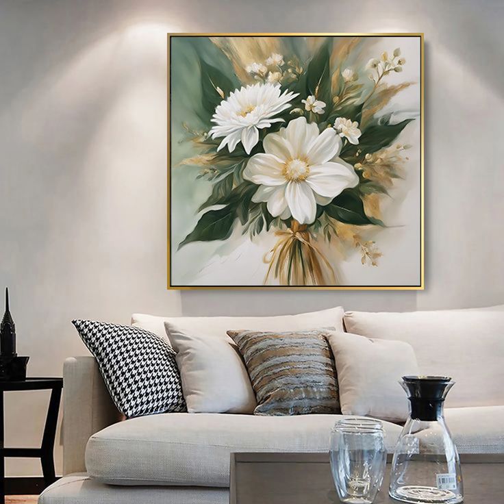 Printable White Flowers Bouquet and Green Gold Leaves Wall Art ...