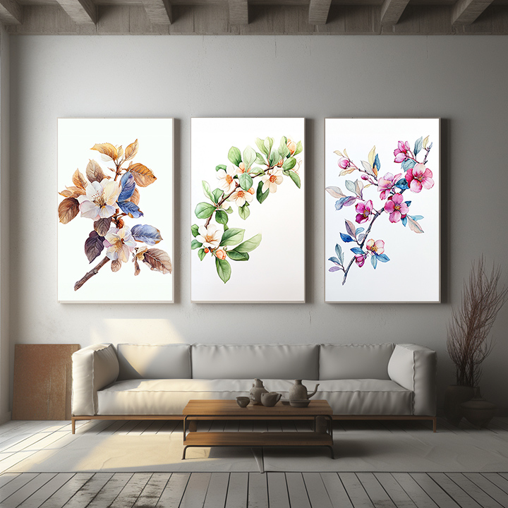 Set of 3 - Beautiful Branch with Leaves and Flowers Style ...