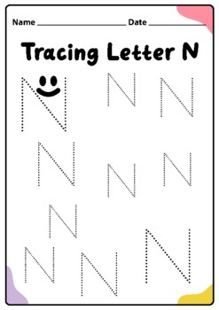 Tracing Alphabet Letter N Worksheet for Kindergarten Kids, Printable PDF