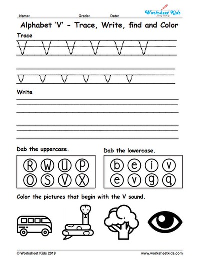 Alphabet Letter V Trace Write Find Color - Free printable PDF
