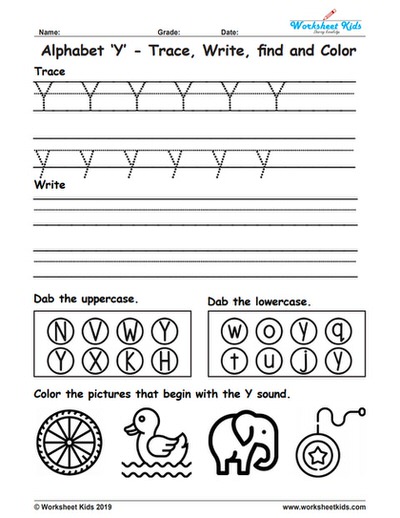 Alphabet Letter Y Trace Write Find Color - Free printable PDF