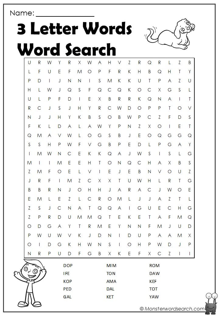 3 letter words 1 word search - Monster Word Search