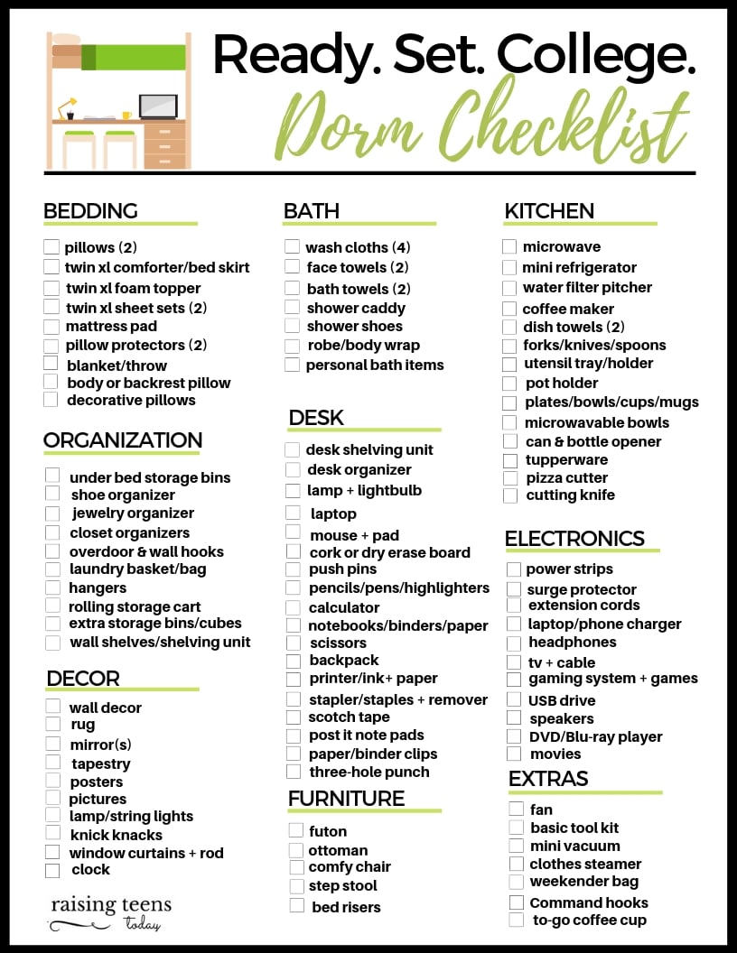 printable list for college dorm