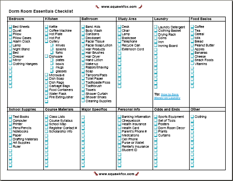 printable list for college dorm